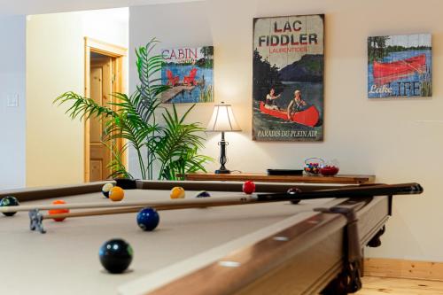 a billiard room with a pool table and posters at Fiddler Lake Resort - Deer 80 in Mille-Isles