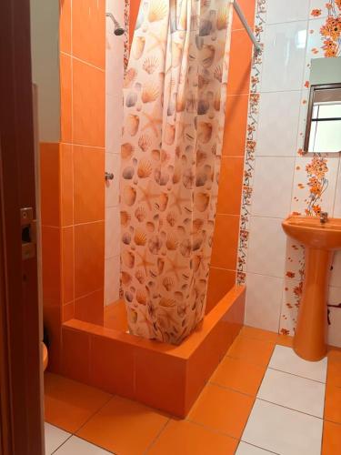 a shower with a shower curtain in a bathroom at Hotel Prince in Barranca
