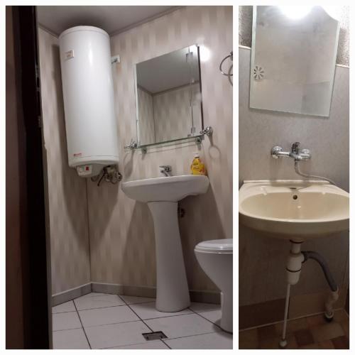 two pictures of a bathroom with a sink and a toilet at Мома Елена in Makhalnitsi