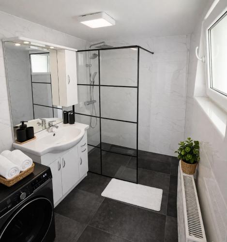 a bathroom with a sink and a glass shower at Gemütliches Haus für Familien bis zu 7 Personen mit Parkplatz und ruhiger Lage in Selzthal