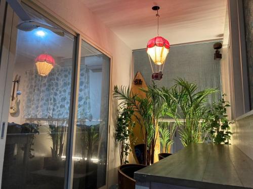 two lights are hanging above a table with plants at ほぬのいえ Honu's house in Uruma