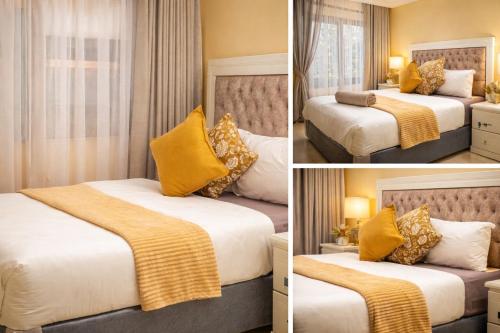 two pictures of a hotel room with two beds at Pamusha Motel in Ngesi