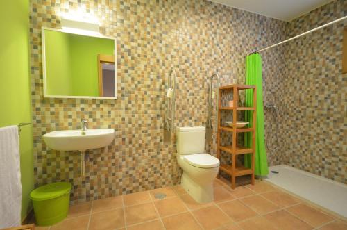 a bathroom with a toilet and a sink and a mirror at Hotel Rural Seixalvo in Sanxenxo