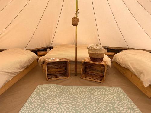 two twin beds in a tent with a rug at Glamping Les Arpents Verts in Yvoir