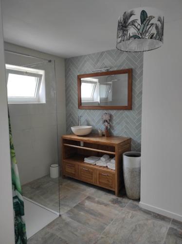 a bathroom with a sink and a mirror at La Palmeraie Créole in Sainte-Marie