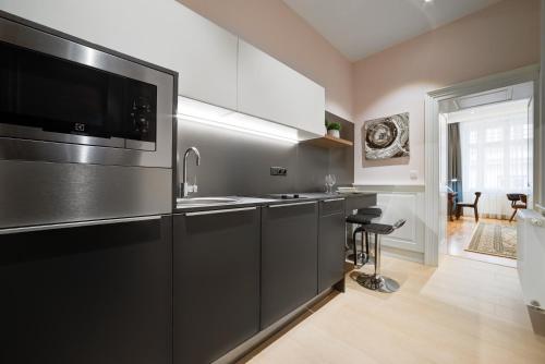 a kitchen with black cabinets and a sink at Bishop Apartments in Brno