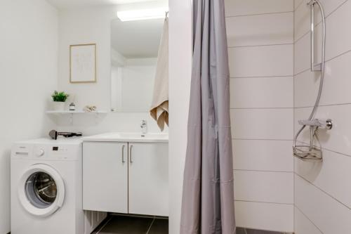 a bathroom with a washing machine and a sink at Fantastisk bolig midt i Odense C in Odense