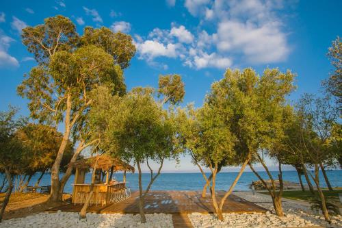 a picnic table and trees on the beach at Elya Beach Luxury Suites in Ayios Theodhoros