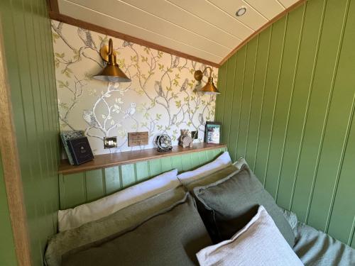 a room with green walls and a couch in a room at Luxury Shepherds hut with wood fired hot tub on Lincolnshire Coast in Mablethorpe
