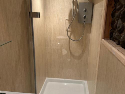 a shower in a bathroom with a sink and a toilet at The Bittern in Holt