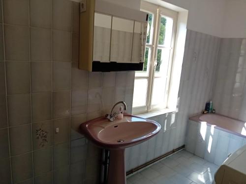 a bathroom with a sink and a window at Petite Perle Parinet in La Croisille-sur-Briance