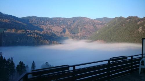 a view of a misty lake in the mountains at Semmering Studio-Apartment in Semmering
