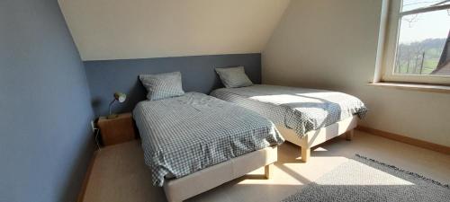 two beds in a small room with a window at Vakantiewoning Zoetebeek in Oudenaarde