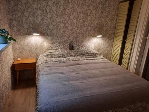 a bedroom with a large bed and a table at Het Goudvinkennestje in Matsloot