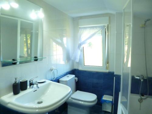 a bathroom with a sink and a toilet and a window at Los campos in Hontoria