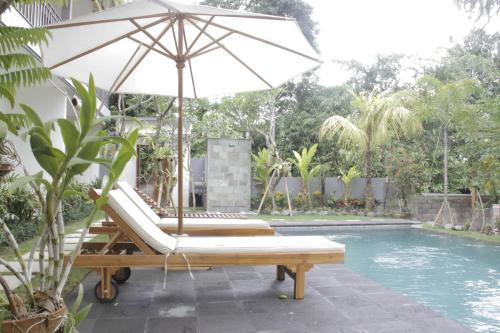 an umbrella and lounge chairs next to a pool at Ryanbagus Guest House in Canggu