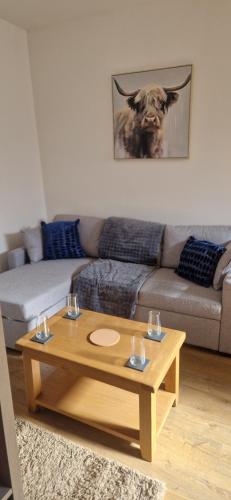 a living room with a couch and a coffee table at Penrith Centre Luxury 2 Bedroom Apartment with Parking in Penrith