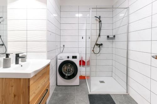 a bathroom with a shower and a washing machine at Apartmaji Peternelj in Železniki