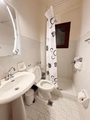 a bathroom with a sink and a toilet and a shower at Gorgyra - Boutique Apartment in Karlovasi