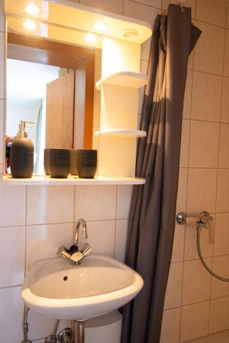 a bathroom with a sink and a mirror at Appartement eleven in Duisburg