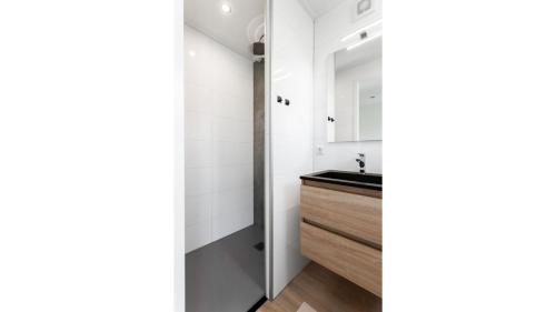 a small bathroom with a sink and a mirror at Tiny House with decking | 2 persons in Gasselte