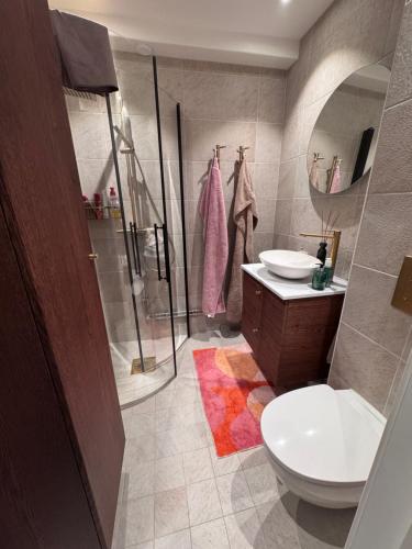 a bathroom with a toilet and a sink and a shower at Farsta Bed and Breakfast in Stockholm