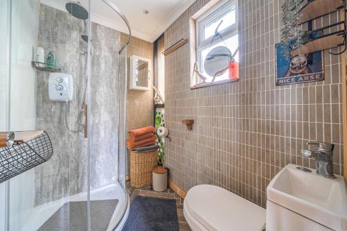 a bathroom with a shower and a toilet and a sink at Cosy rustic cabin with hot tub and country views in Llanelli