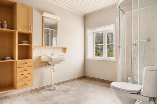 ein Badezimmer mit Toilette, Waschbecken und Dusche in der Unterkunft Trolltunga Basic in Tyssedal