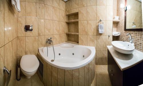 a bathroom with a tub and a toilet and a sink at Archontiko Velousi in Pantévgeni
