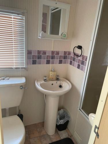 a small bathroom with a sink and a toilet at Coastal Getaway, camber sands in Camber