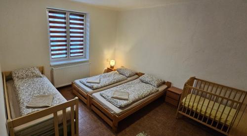 a bedroom with two beds and a window at Chata Lipa in Trstená