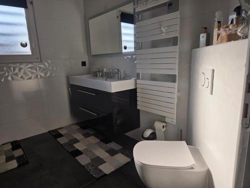 a bathroom with a white toilet and a sink at Chez Titelle in Saint-Laurent-de-la-Salanque