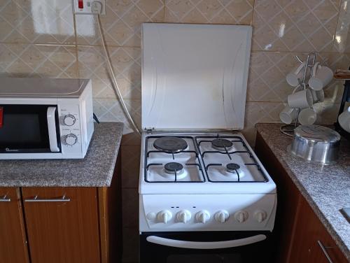 a white stove in a kitchen next to a microwave at Greatwall golden stay in Machakos