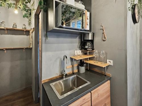 a kitchen with a sink in a tiny house at Petit nid douillet, à deux pas des commodités in Neuilly-Plaisance