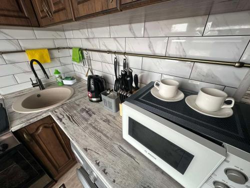 a kitchen with a microwave and two cups on a counter at Apartment in Zolotonosha