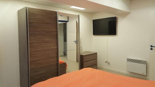 コルマールにあるGite grand formatのベッドルーム(クローゼット、テレビ、ベッド付)