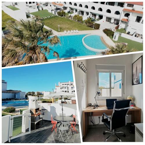 an office with a view of a pool and a building at Beach & House''Villa Maria'' 5 min to Mareta Beach in Sagres