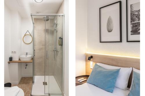 a bathroom with a shower and a bedroom with a bed at Hostal Nadal in Sóller