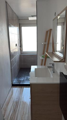 a bathroom with a sink and a shower with a mirror at Maison 3 chambres - Parking privé in Gandrange