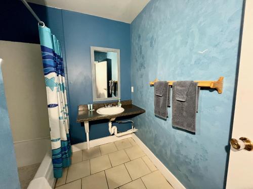 a blue bathroom with a sink and a mirror at Bennett Lodge in Daniels Harbour