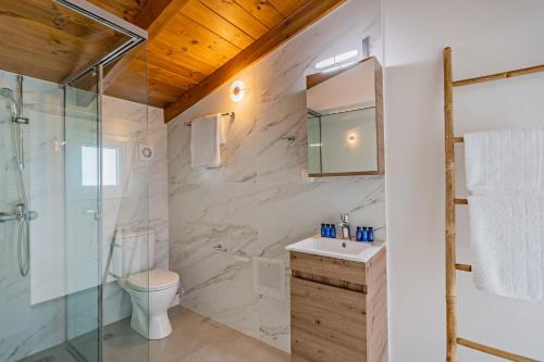 a bathroom with a shower and a toilet and a sink at MyPanormo Suites - Philip in Panormos Rethymno