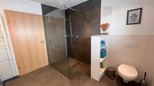 a shower with a glass door in a bathroom at Apfel-Stadl "Gala", Oberreute in Oberreute