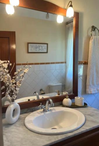 a bathroom with a sink and a large mirror at Villa Galana Oyambre in Los Llaós
