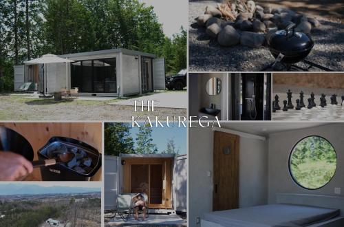 a collage of pictures of a tiny house at The KAKUREGA in Hokuto