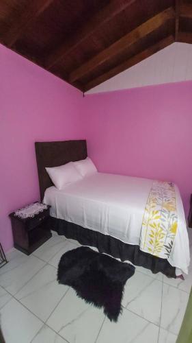a bedroom with a bed with a pink wall at Cozy Get Away in Portmore