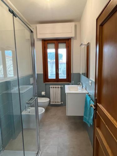 a bathroom with a shower and a sink and a toilet at Bilocale Le Rose in Vada