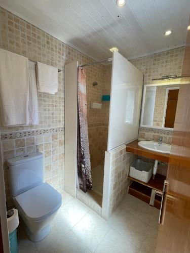 a bathroom with a toilet and a shower and a sink at Casa Dieter-air conditioning is not included in Cala Galdana