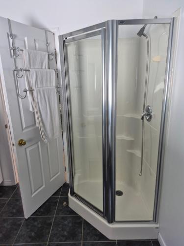 a shower with a glass door in a bathroom at Maison Albert in Petite-Vallée