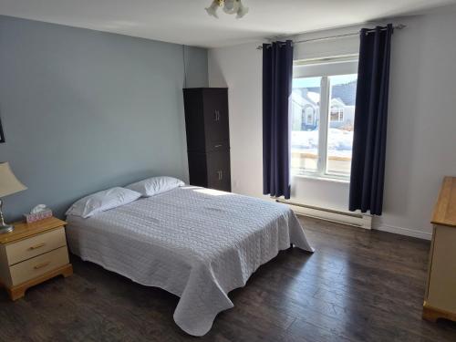 a bedroom with a white bed and a window at Maison Albert in Petite-Vallée