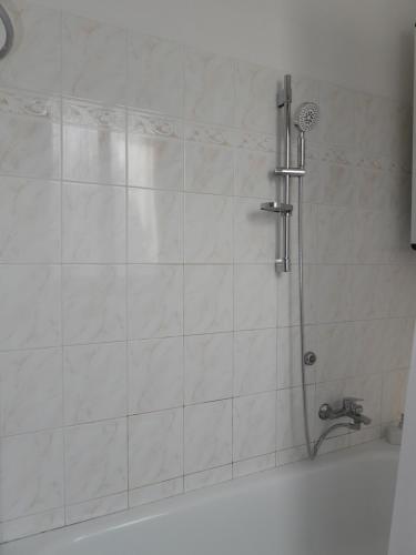 a shower in a bathroom with white tile at Rosario House in Comacchio